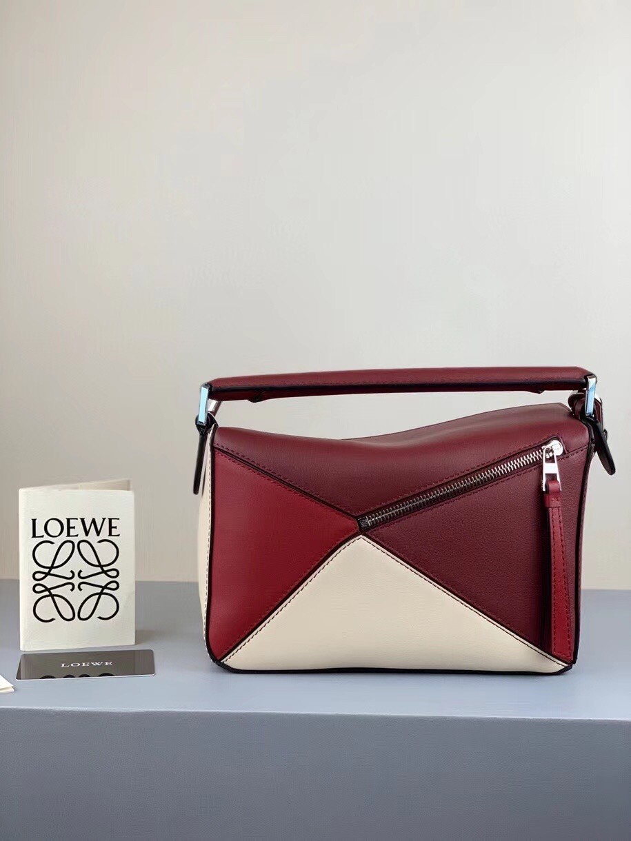 Loewe Small Puzzle Bag In Bordeaux/Garnet/White Calfskin