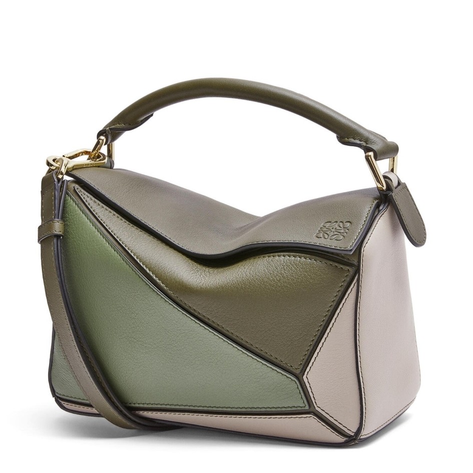 Loewe Puzzle Small Bag In Green/Oat Calfskin