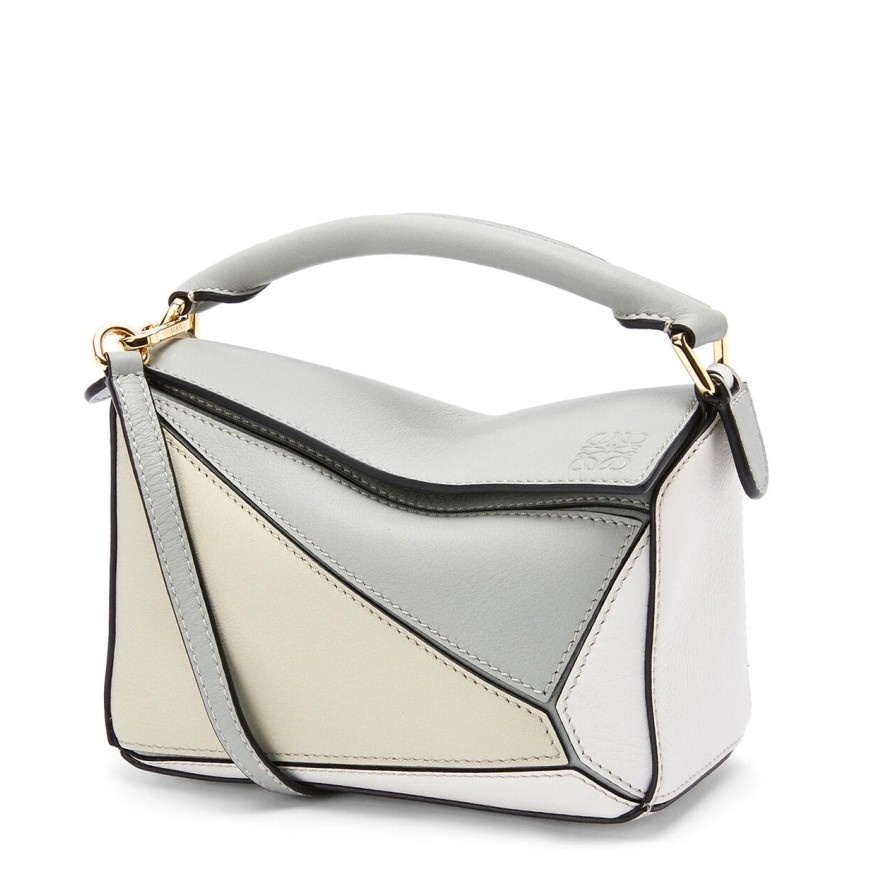 Loewe Puzzle Mini Bag In Grey/Cream/White Calfskin