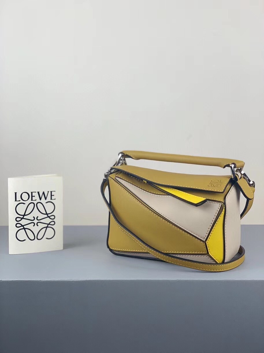 Loewe Mini Puzzle Bag In Ochre/White/Yellow Calfskin