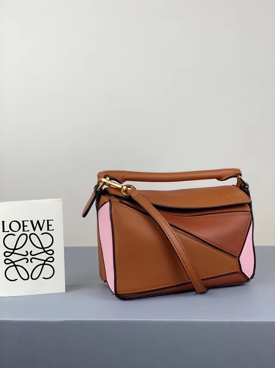 Loewe Mini Puzzle Bag In Brown/Camel/Pink Calfskin