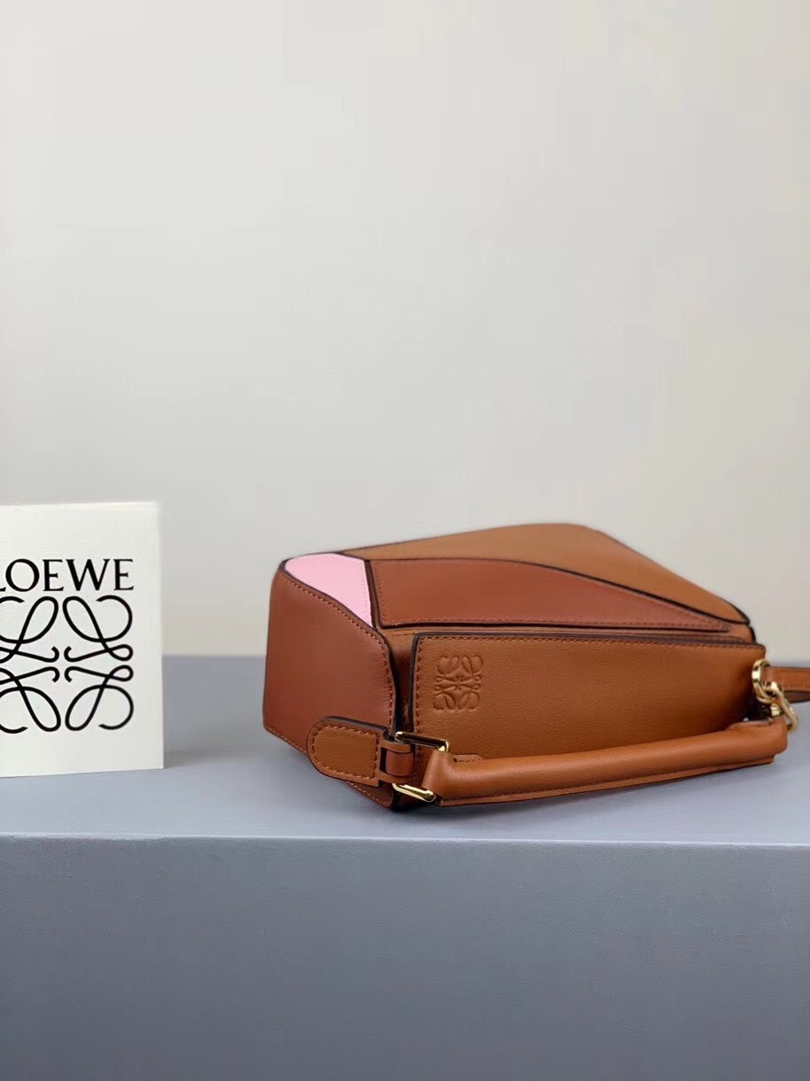 Loewe Mini Puzzle Bag In Brown/Camel/Pink Calfskin