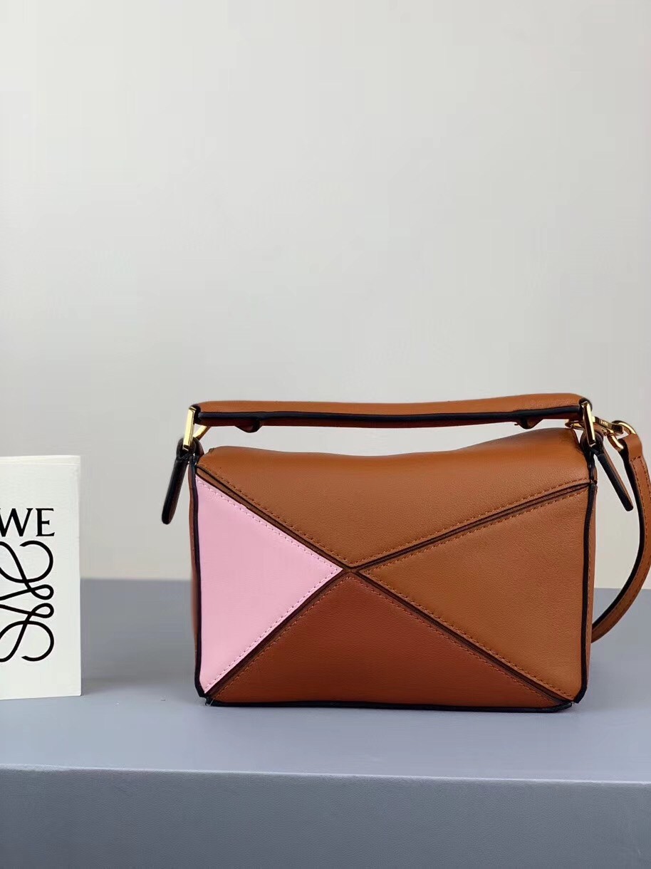 Loewe Mini Puzzle Bag In Brown/Camel/Pink Calfskin