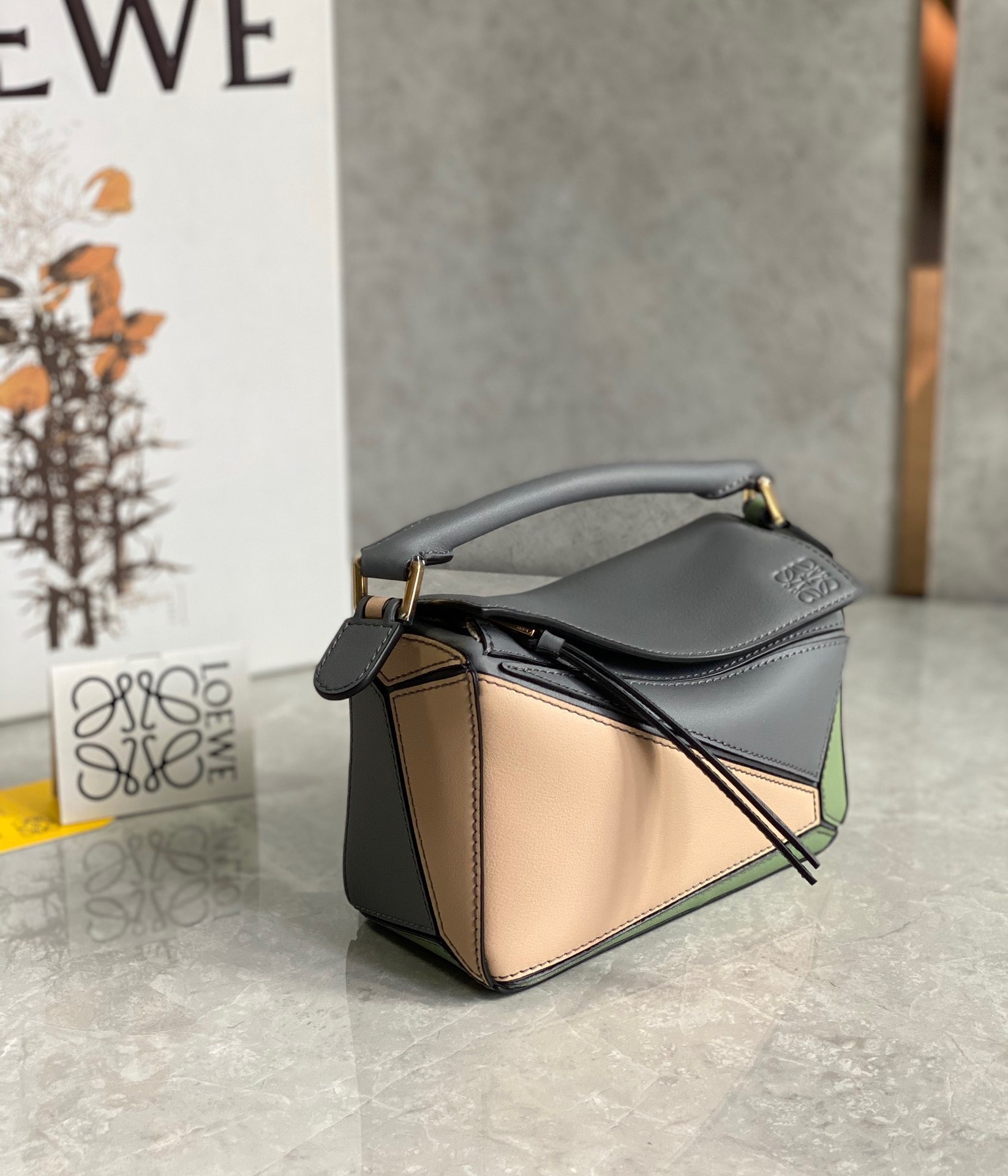 Loewe Puzzle Mini Bag In Asphalt Grey/Nude/Green Calfskin