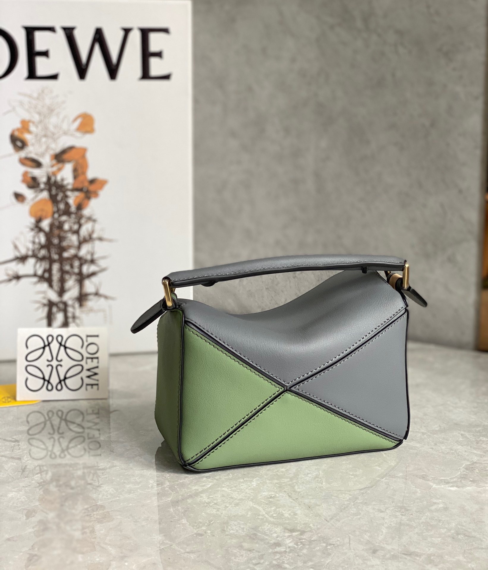 Loewe Puzzle Mini Bag In Asphalt Grey/Nude/Green Calfskin