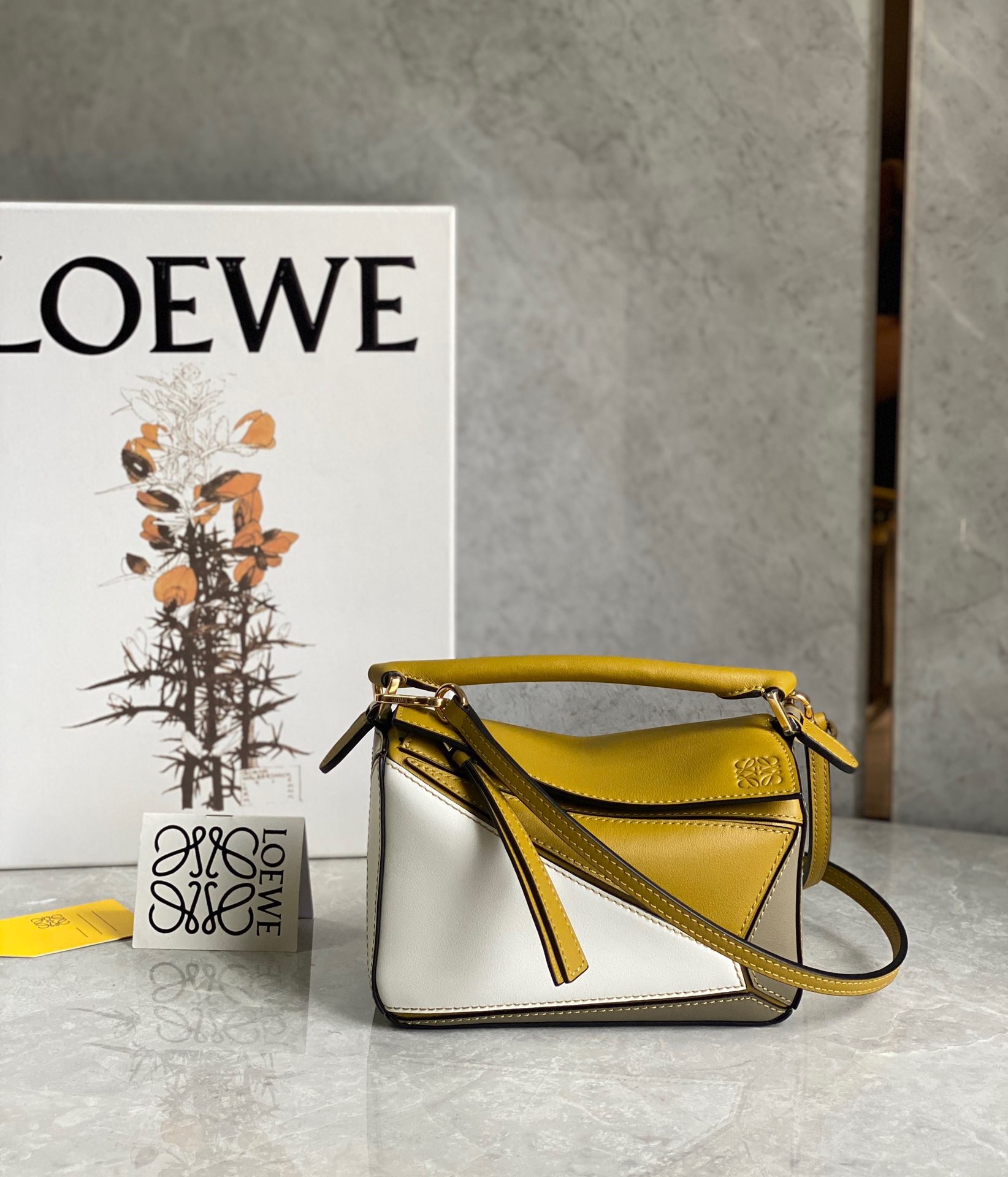 Loewe Puzzle Mini Bag In Ochre/White/Taupe Calfskin