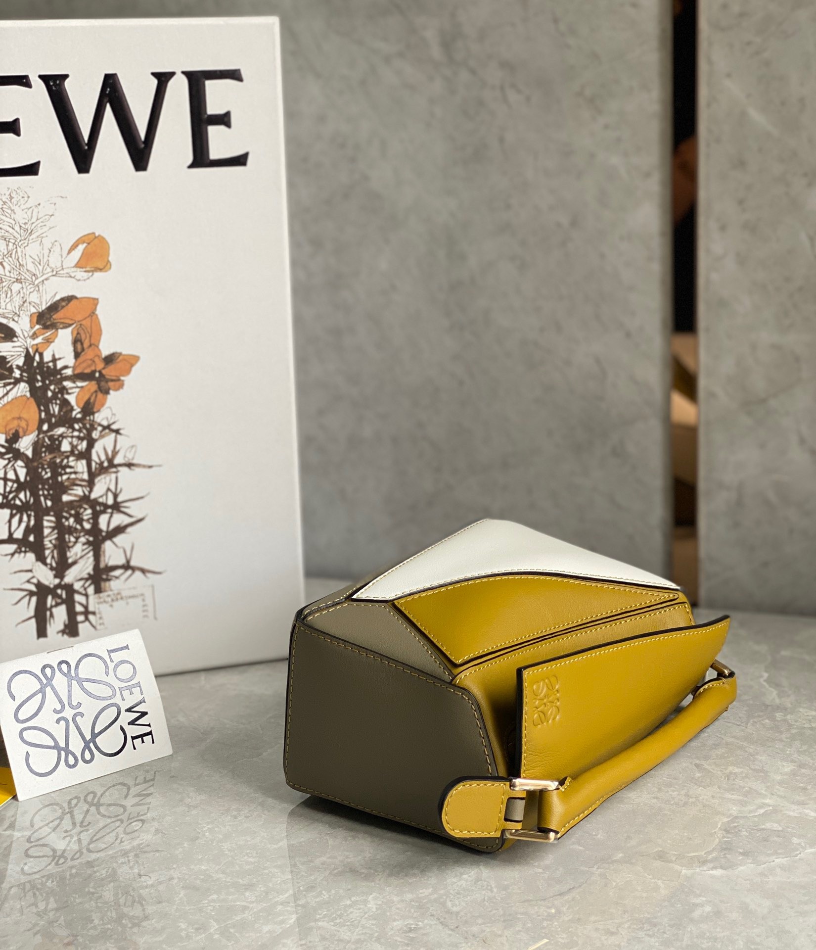 Loewe Puzzle Mini Bag In Ochre/White/Taupe Calfskin