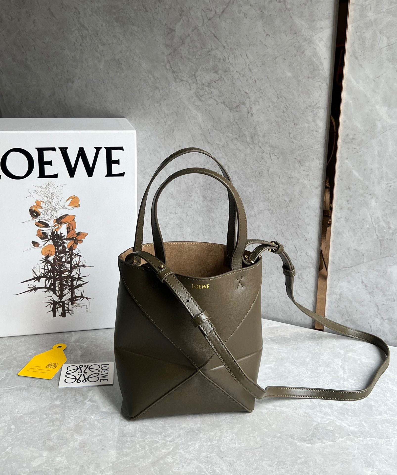 Loewe Mini Puzzle Fold Tote Bag in Dark Green Calfskin