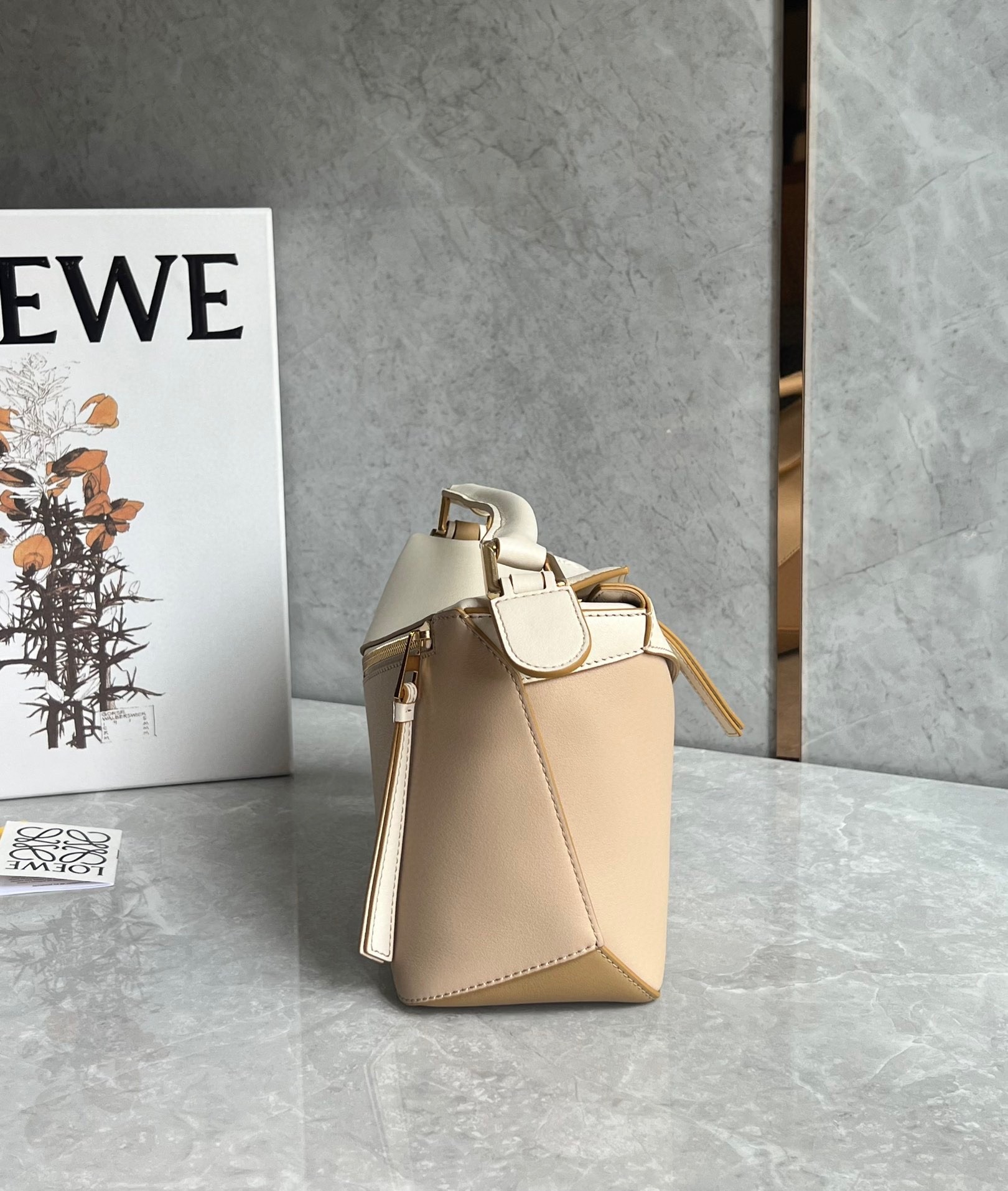 Loewe Puzzle Small Bag in Multicolor Angora and Beige Calfskin