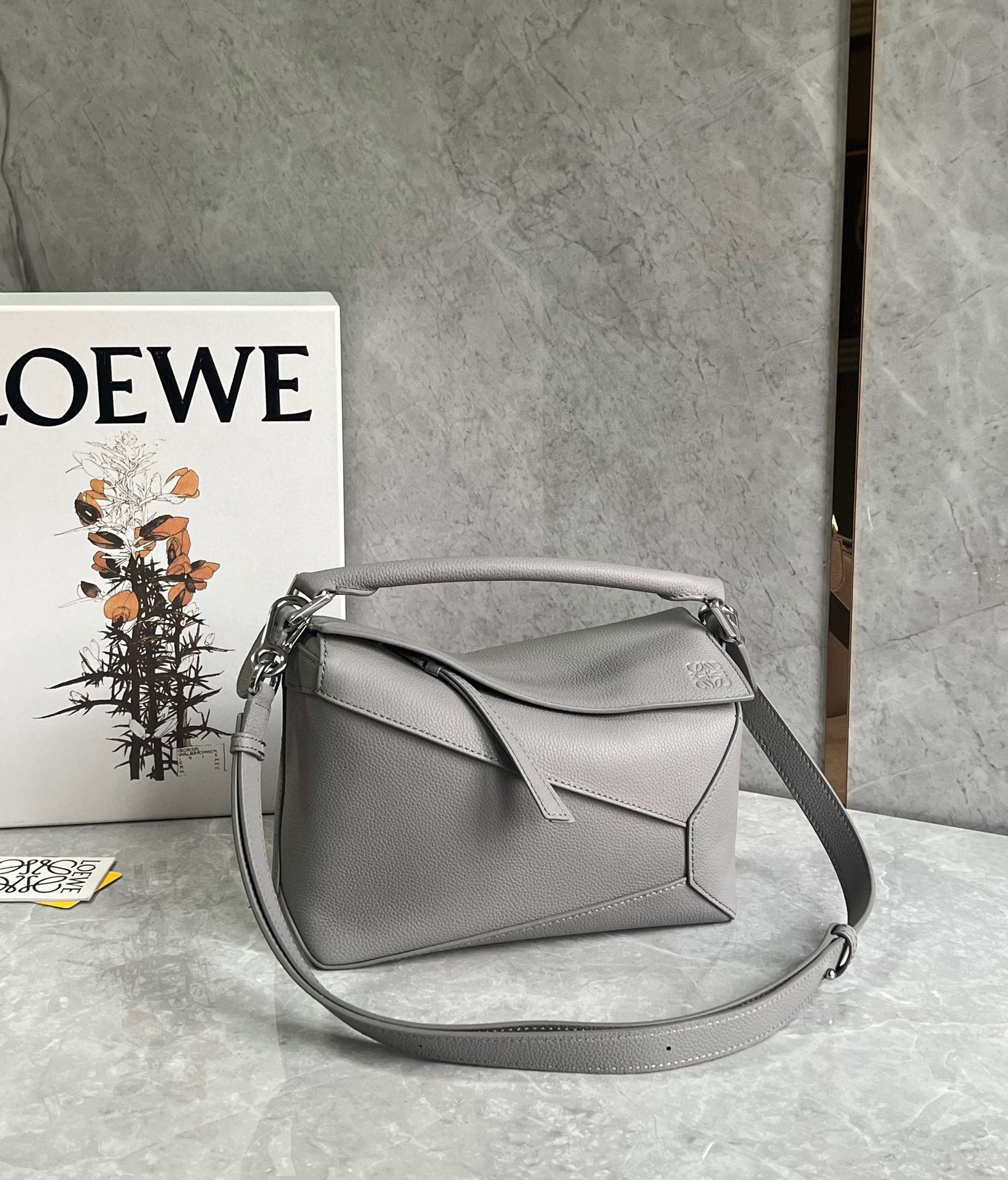 Loewe Puzzle Small Bag In Pearl Grey Grained Leather