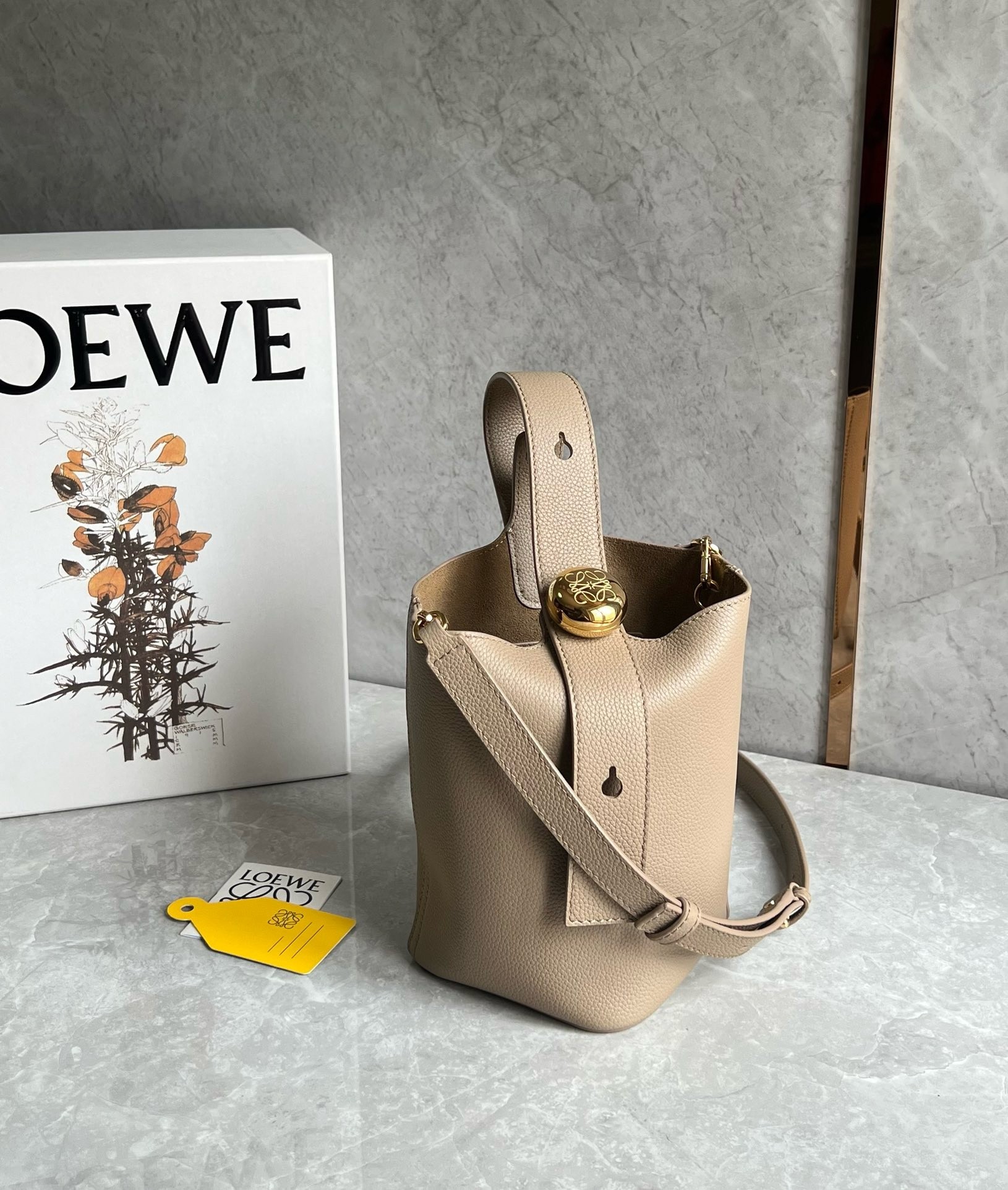 Loewe Mini Pebble Bucket Bag in Sand Grained Leather