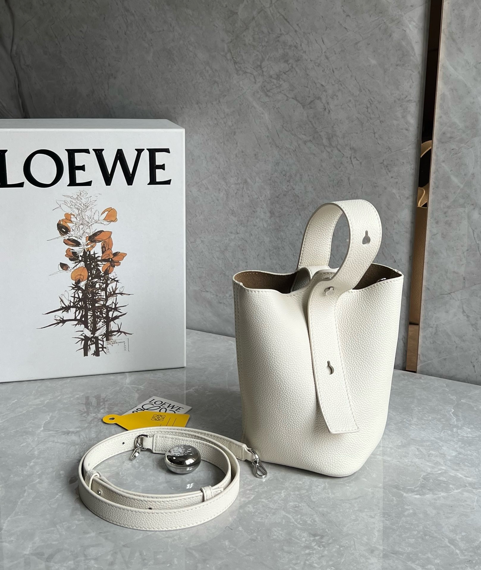 Loewe Mini Pebble Bucket Bag in White Grained Leather