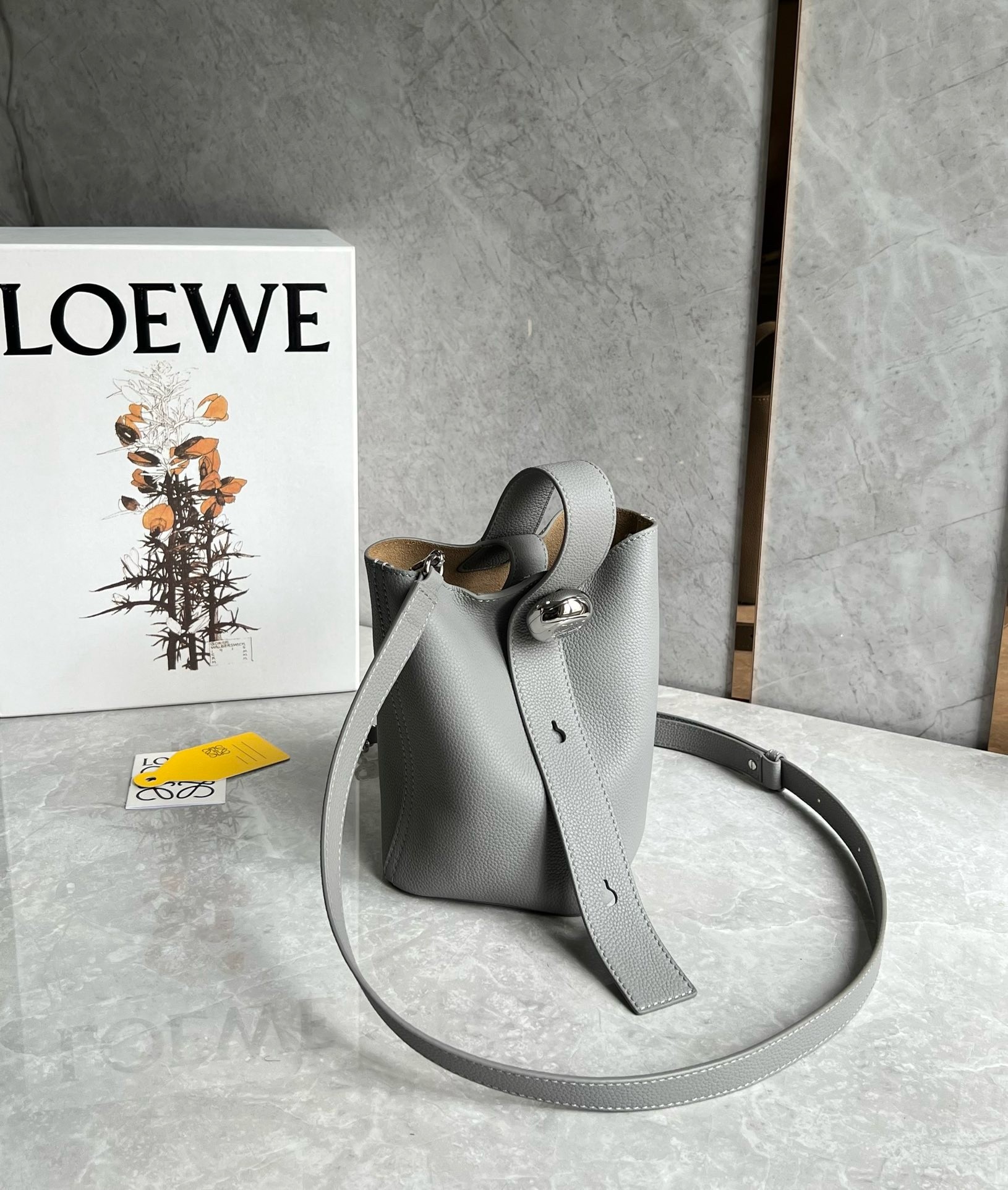 Loewe Mini Pebble Bucket Bag in Grey Grained Leather