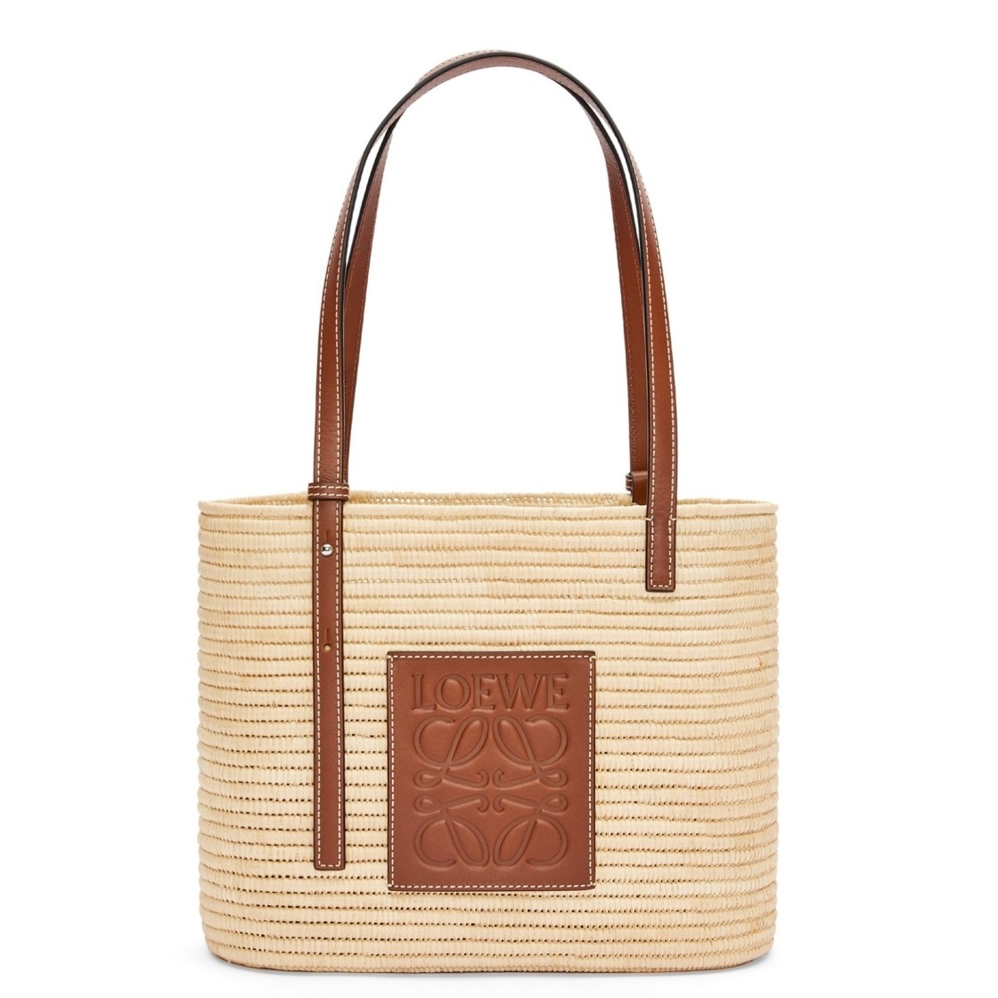 Loewe Small Square Basket Bag in Raffia and Brown Calfskin