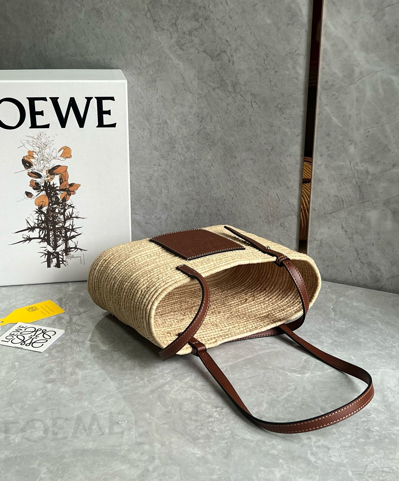 Loewe Small Square Basket Bag in Raffia and Brown Calfskin