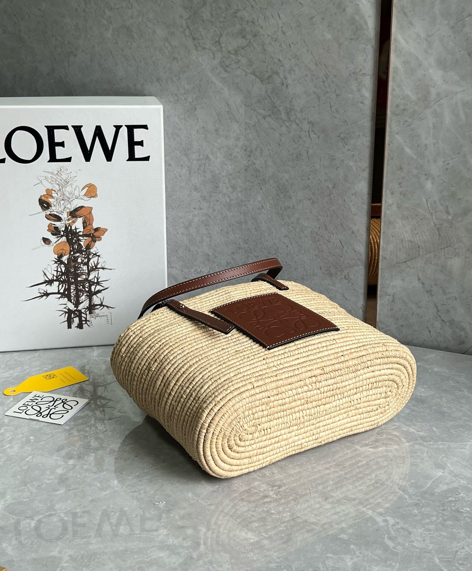 Loewe Small Square Basket Bag in Raffia and Brown Calfskin