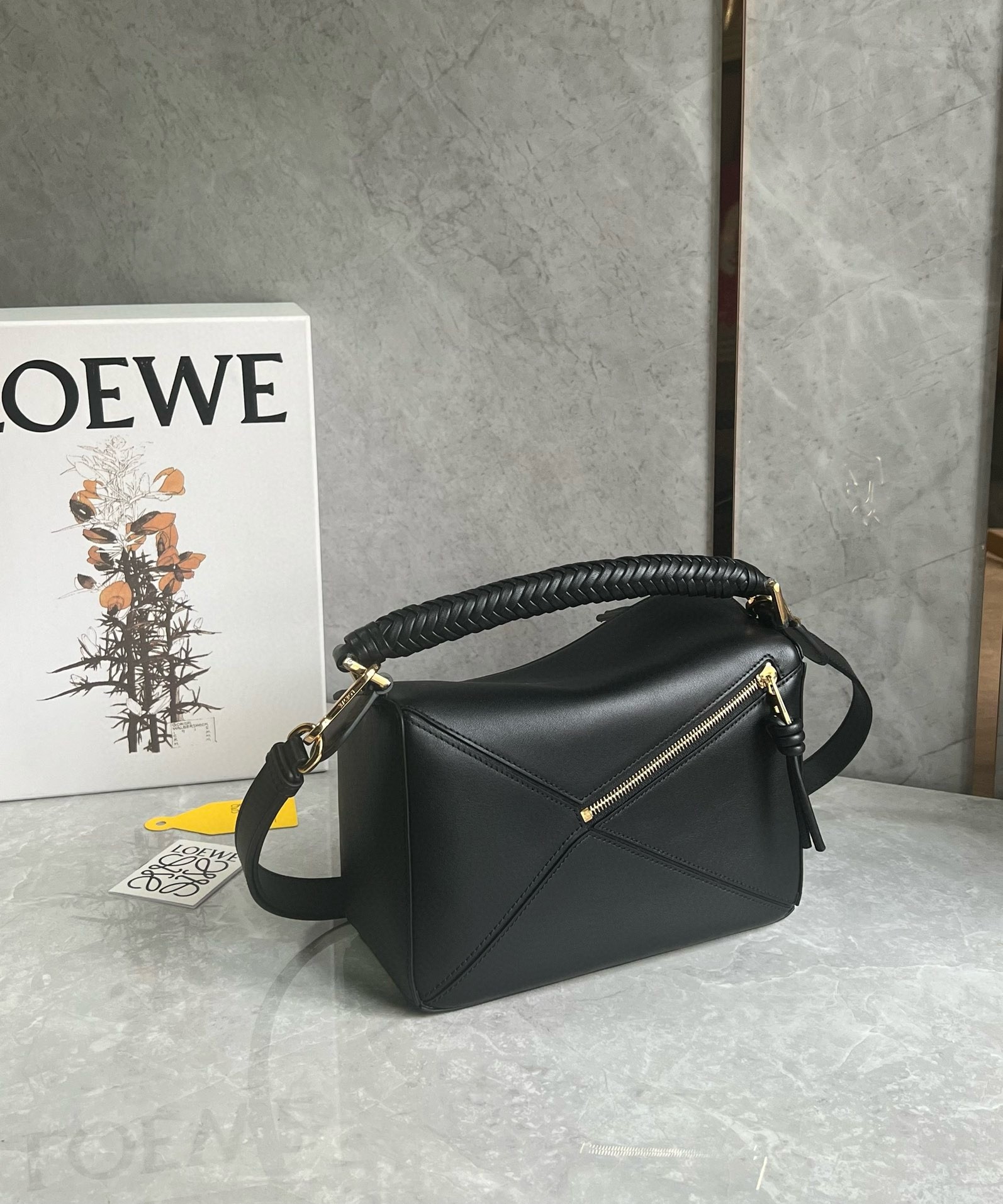 Loewe Puzzle Small Bag in Black Calfskin with Woven Handle