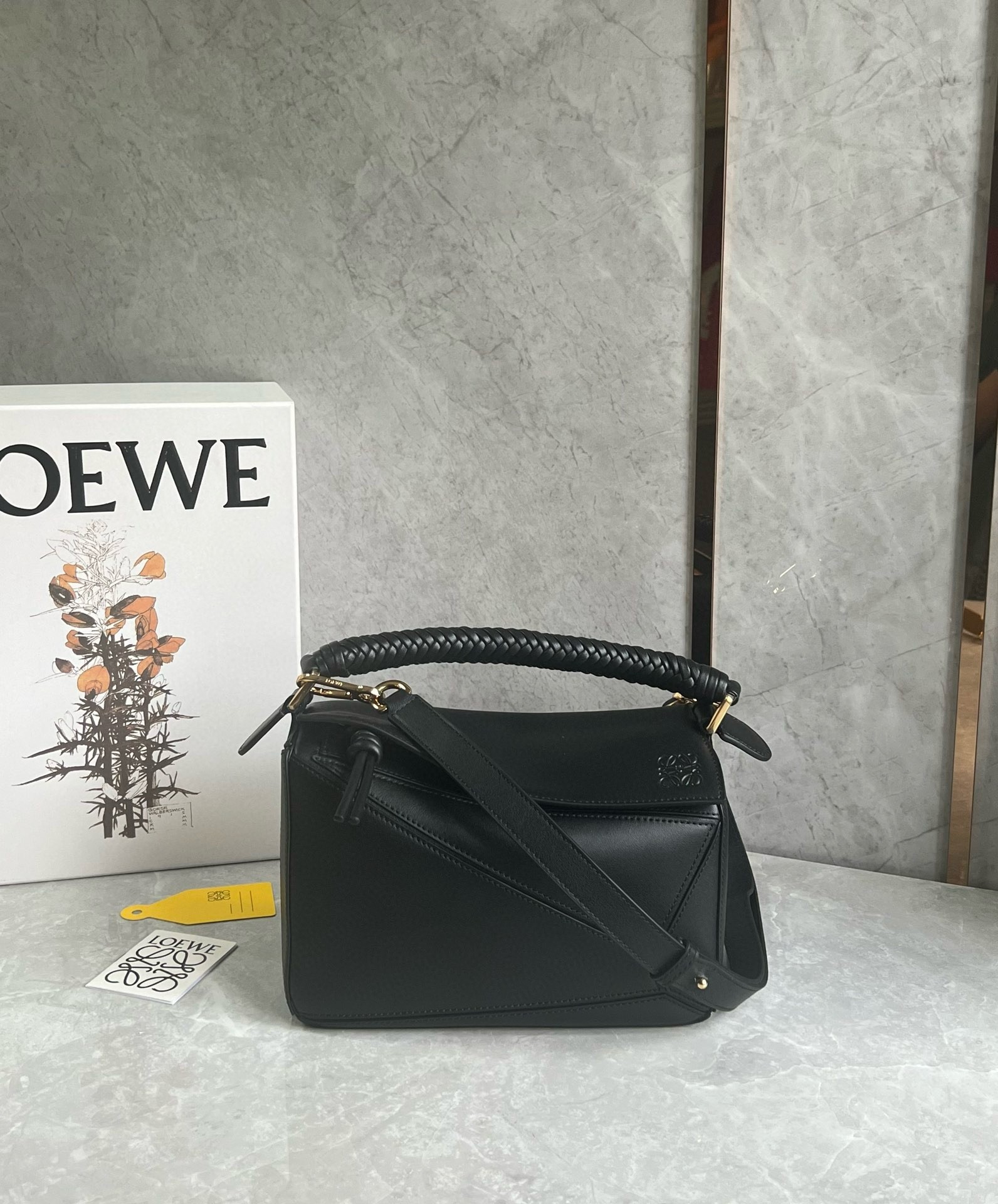 Loewe Puzzle Small Bag in Black Calfskin with Woven Handle