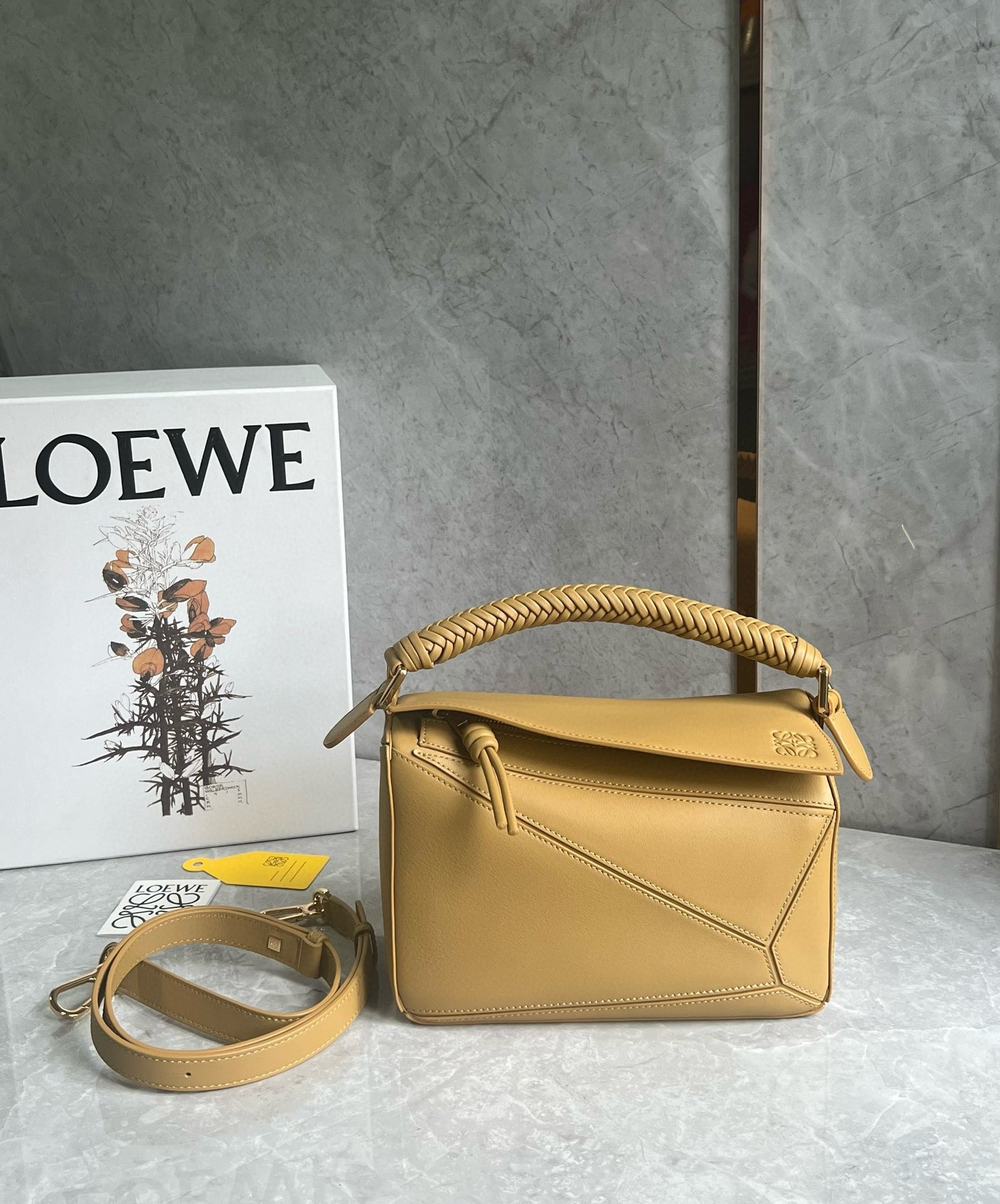 Loewe Puzzle Small Bag in Sahara Calfskin with Woven Handle