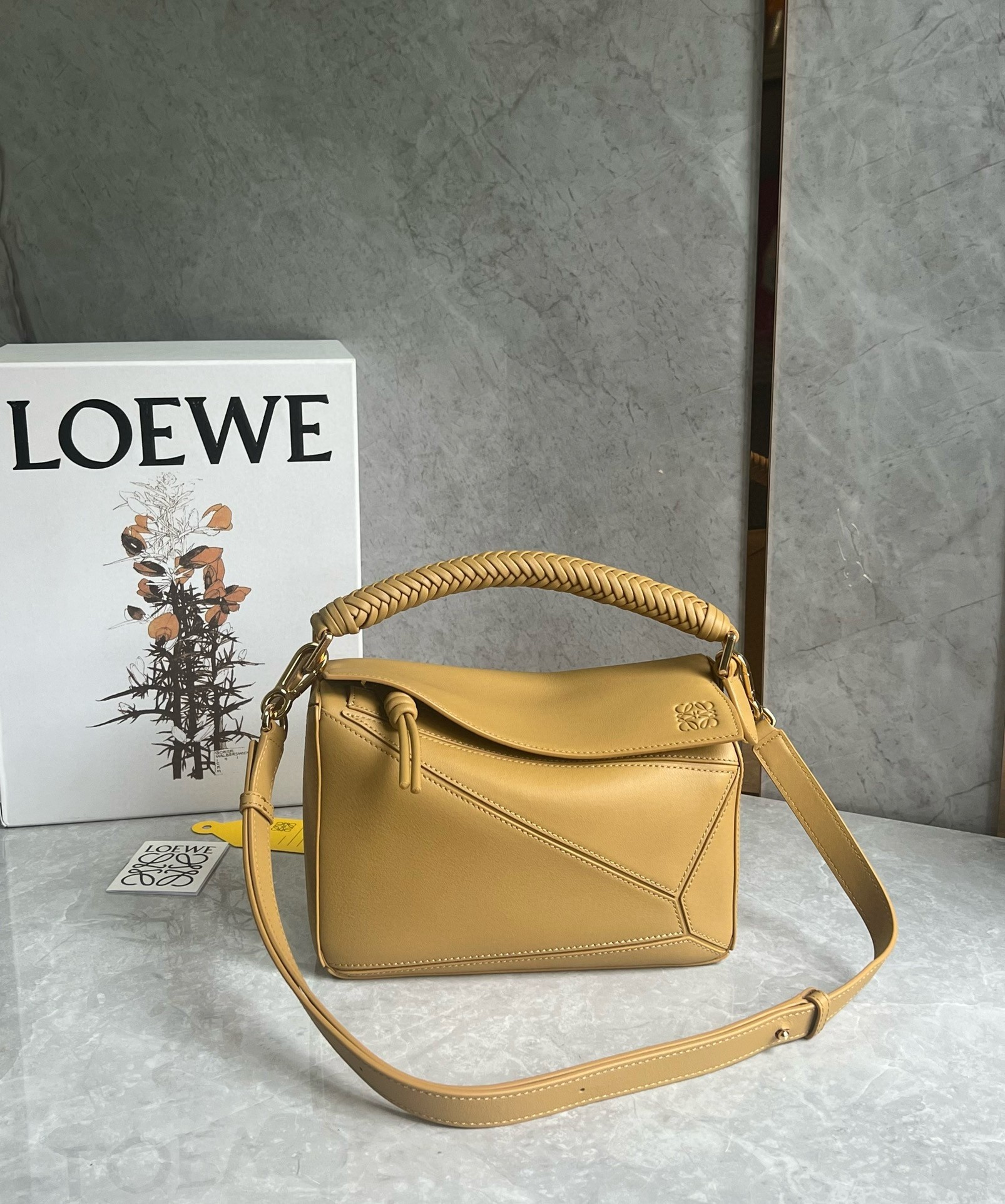 Loewe Puzzle Small Bag in Sahara Calfskin with Woven Handle