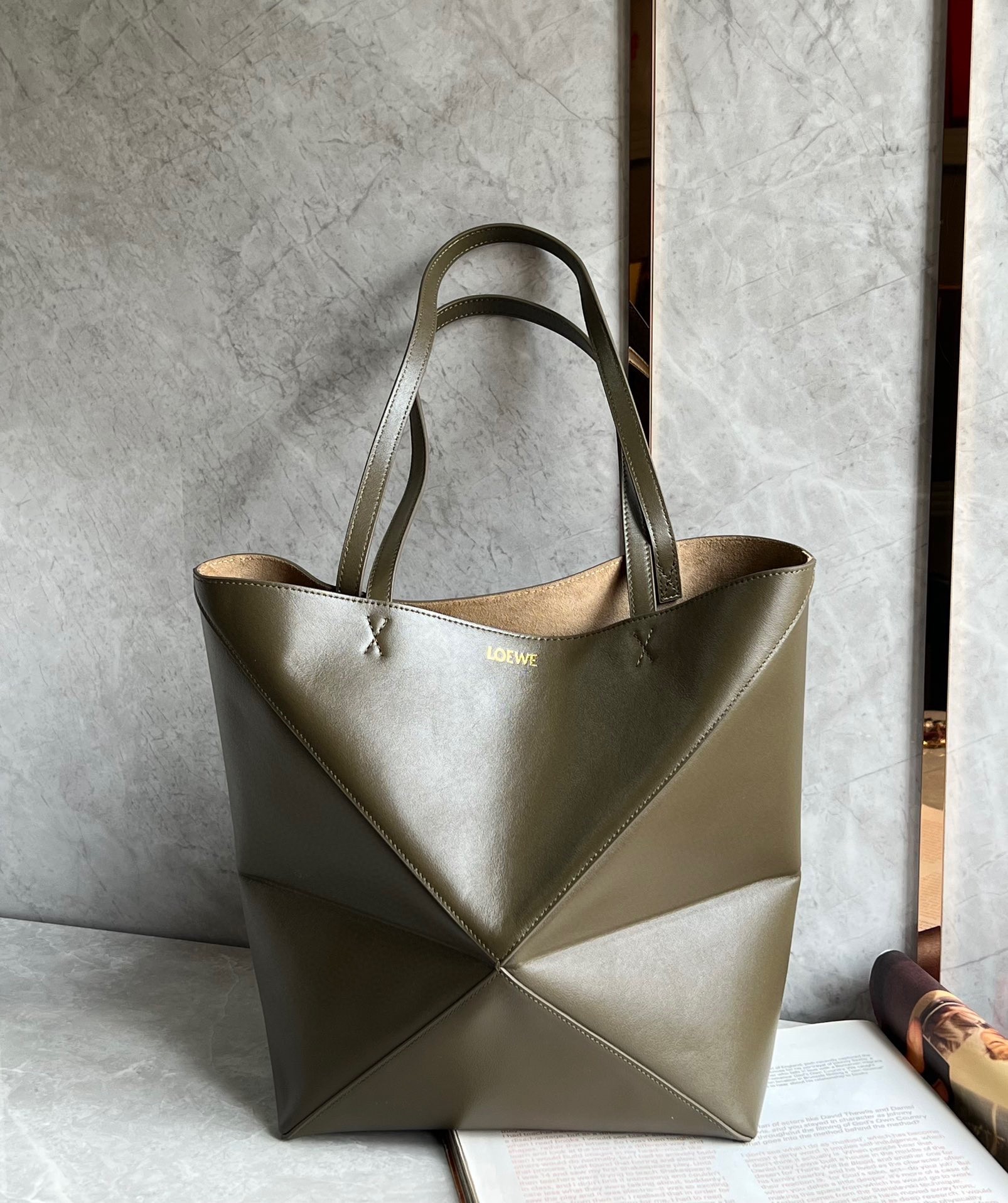 Loewe Large Puzzle Fold Tote Bag in Dark Green Calfskin