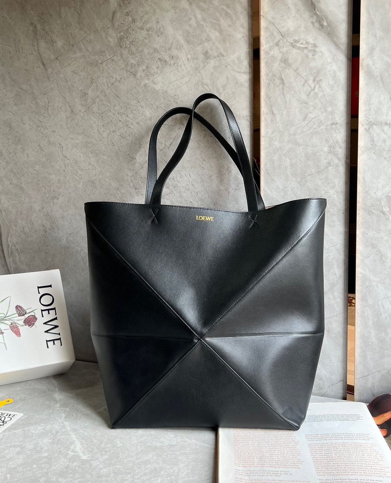 Loewe Large Puzzle Fold Tote Bag in Black Calfskin