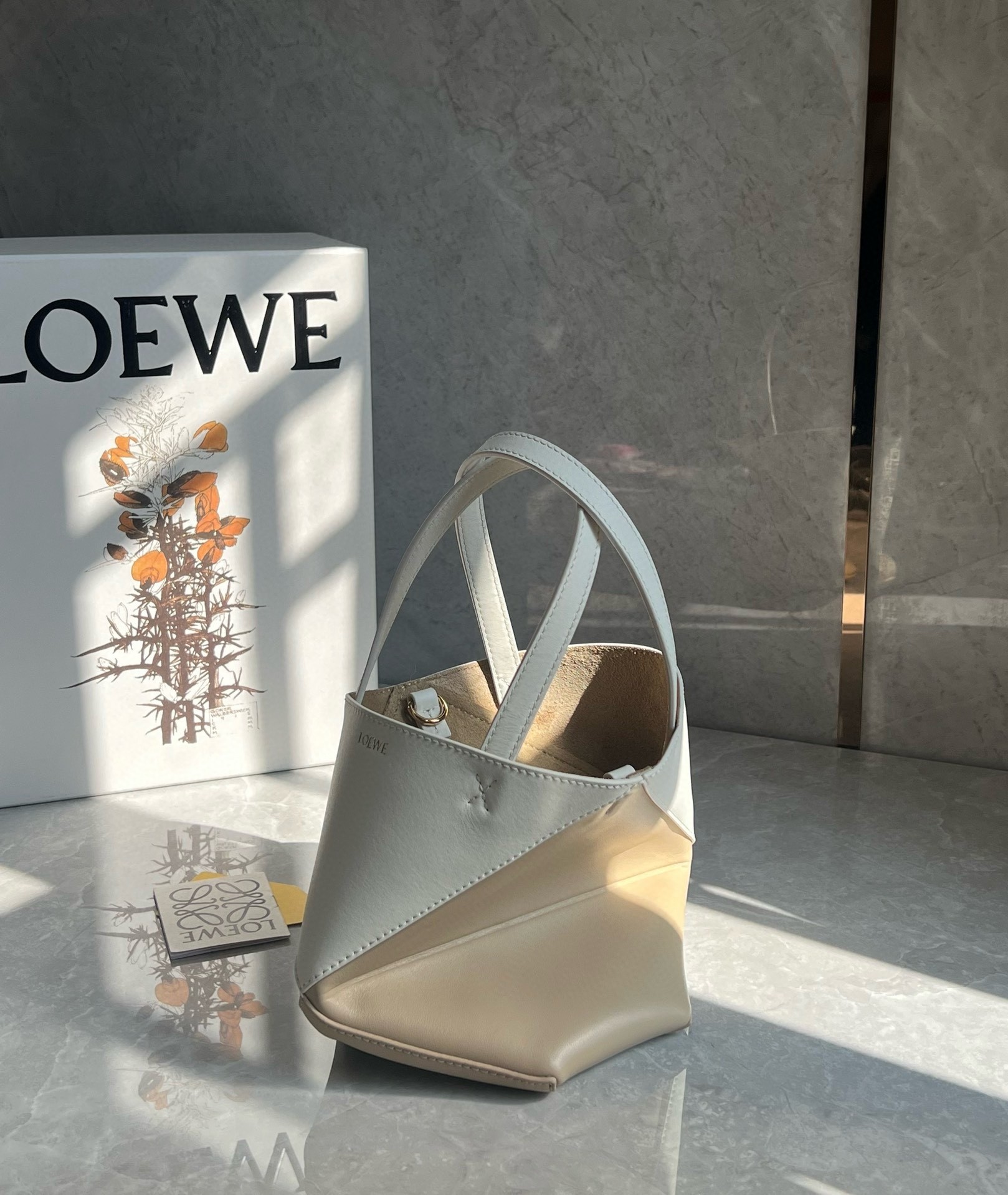 Loewe Mini Puzzle Fold Tote Bag in White/Beige Calfskin