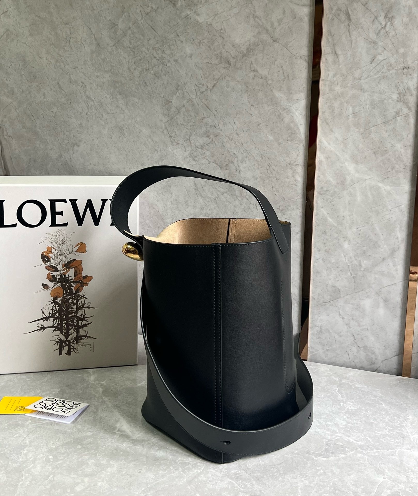 Loewe Medium Pebble Bucket Bag in Black Calfskin