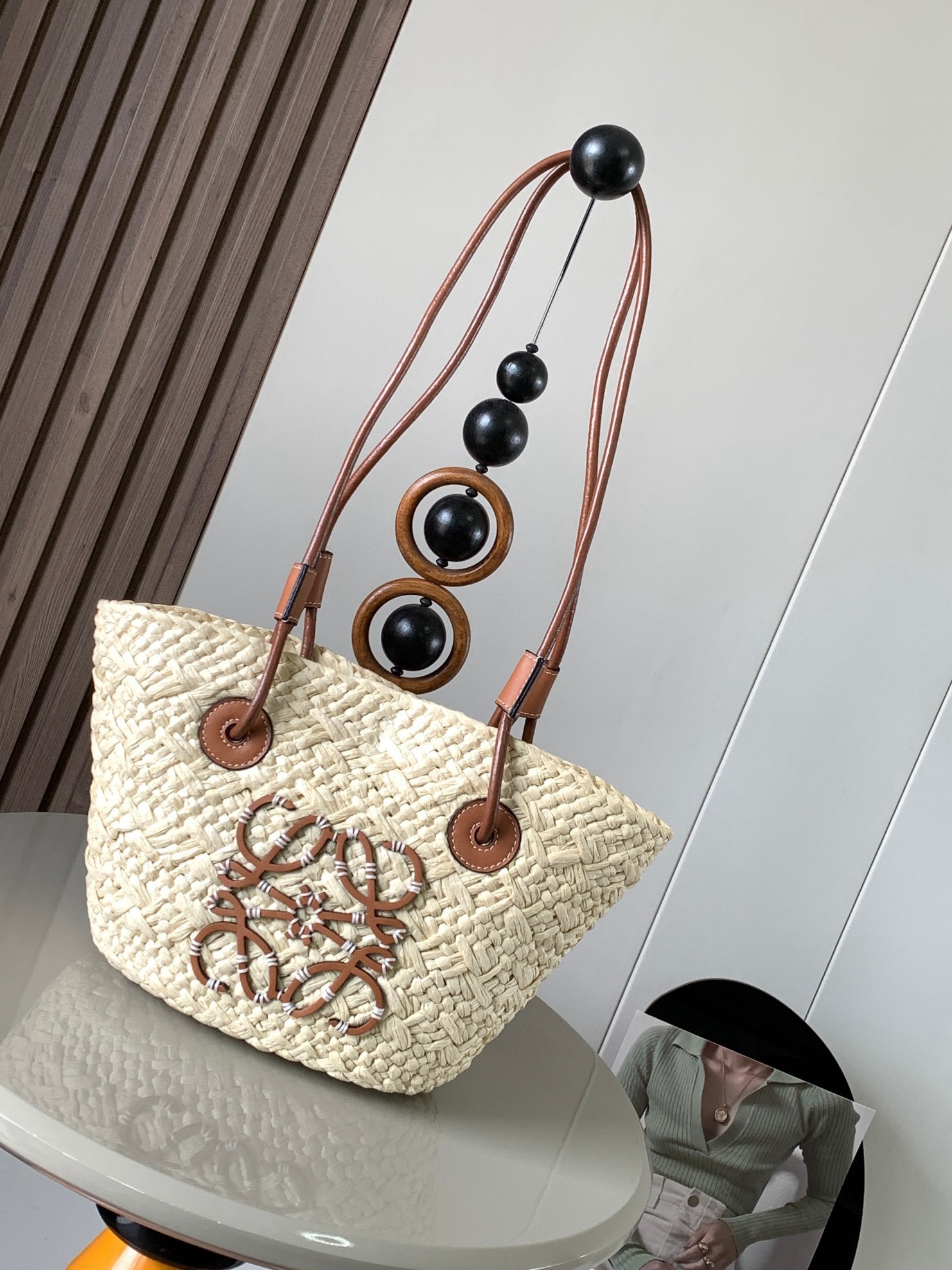 Loewe Small Anagram Basket Bag in Iraca Palm and Brown Calfskin