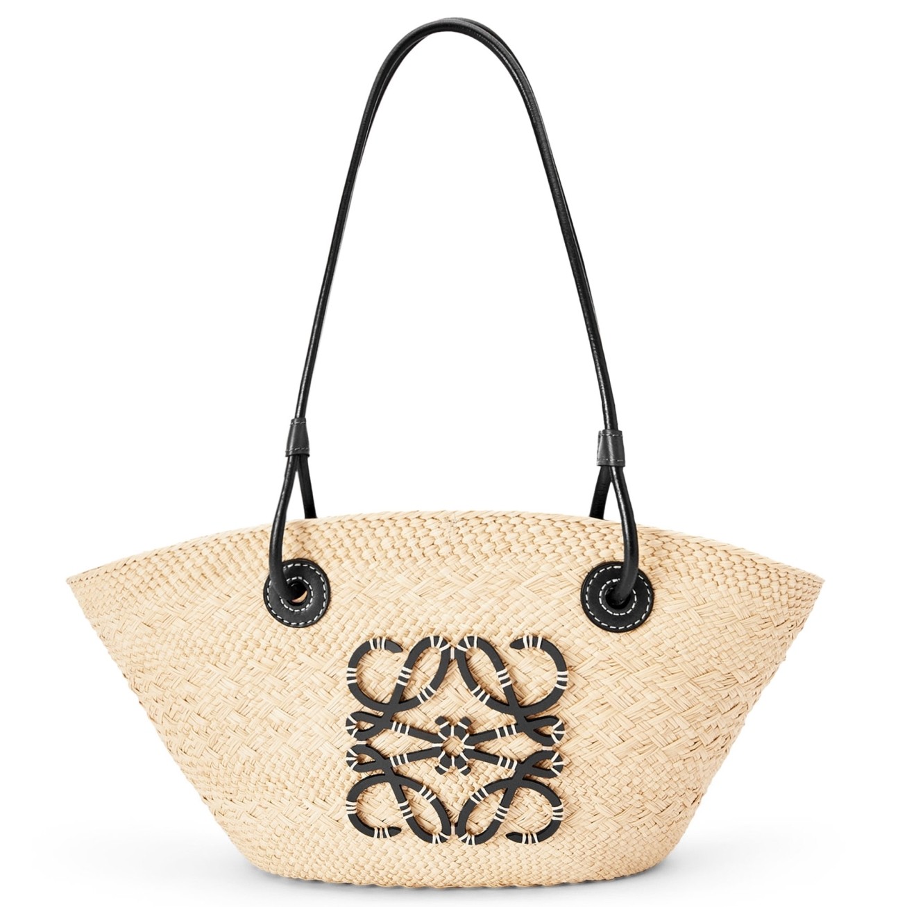 Loewe Small Anagram Basket Bag in Iraca Palm and Black Calfskin