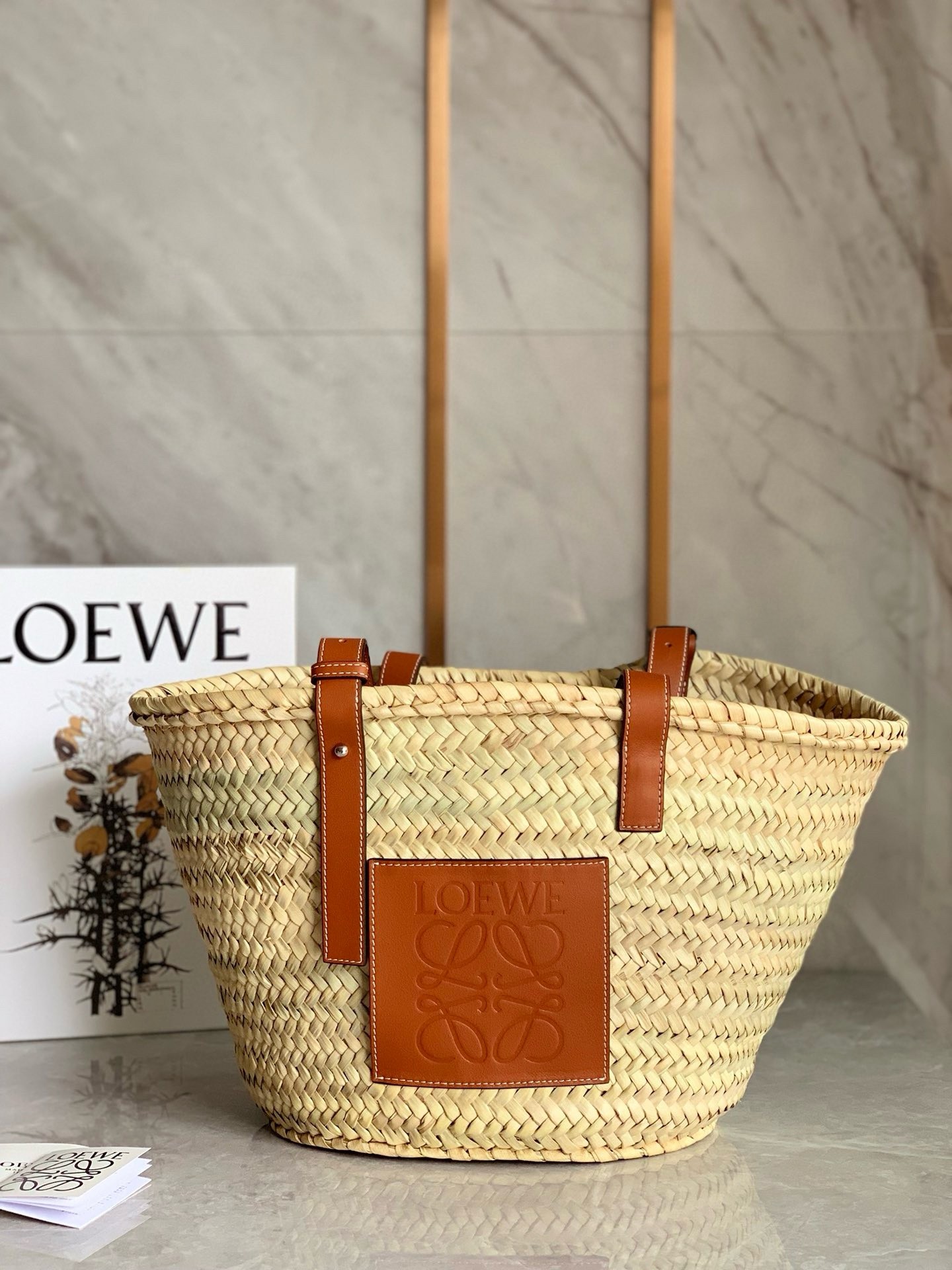 Loewe Medium Basket Bag in Raffia and Brown Calfskin