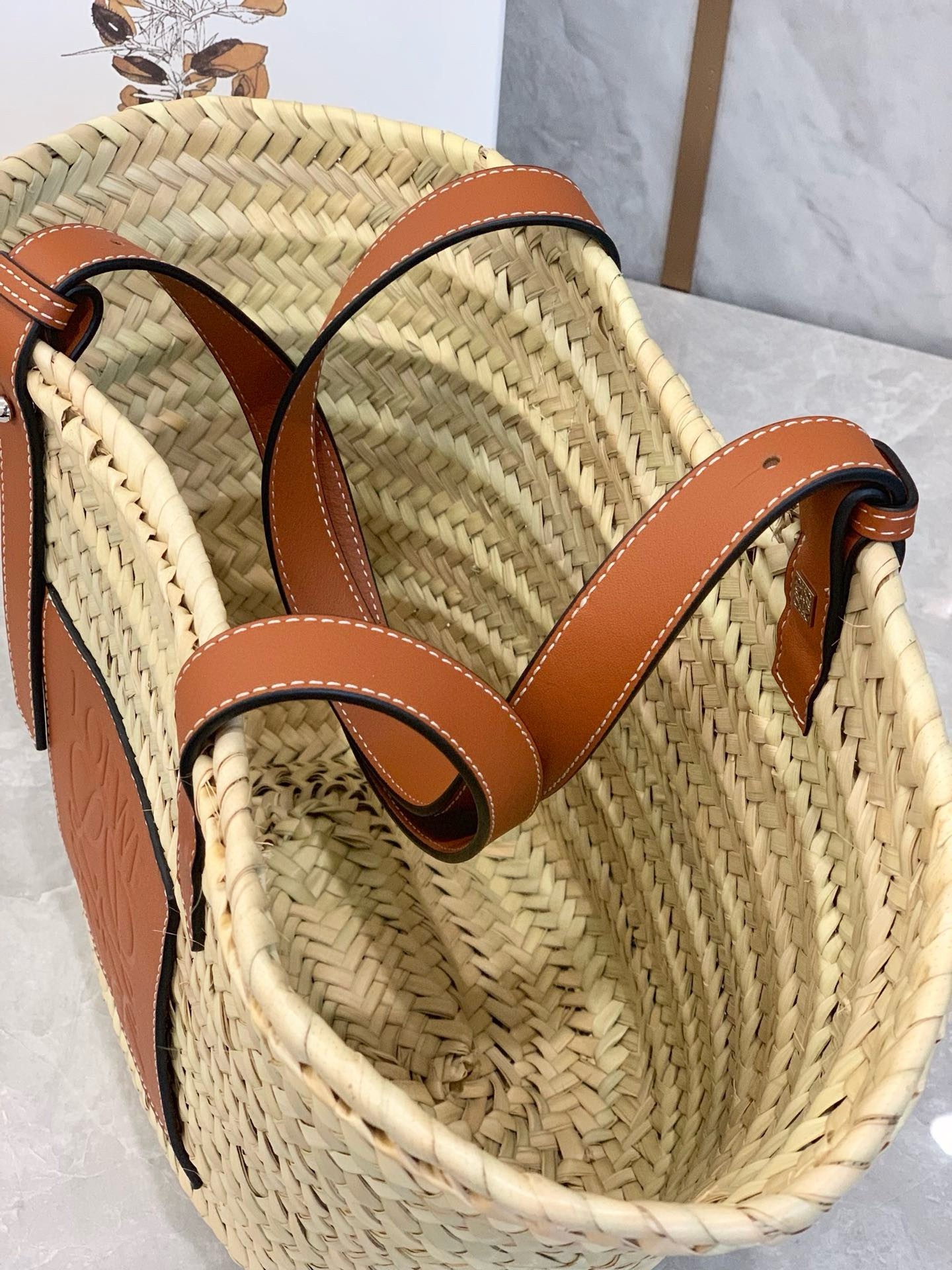 Loewe Medium Basket Bag in Raffia and Brown Calfskin