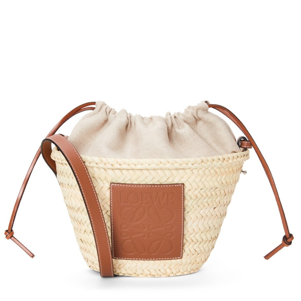 Loewe Drawstring Bucket Bag in Palm Leaf and Brown Calfskin