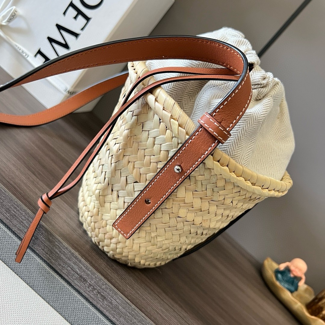 Loewe Drawstring Bucket Bag in Palm Leaf and Brown Calfskin