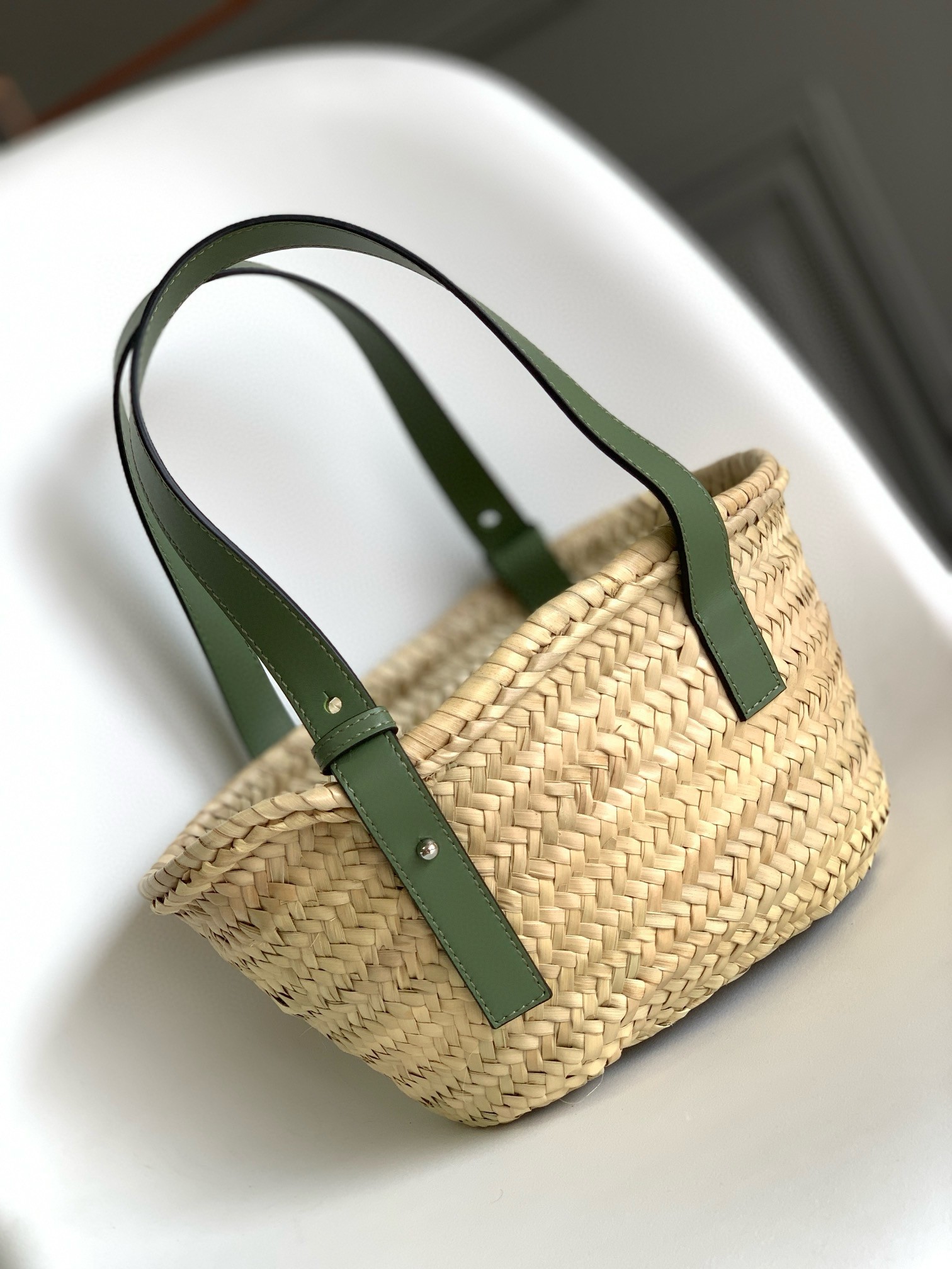 Loewe Small Basket Bag in Raffia and Rosemary Calfskin