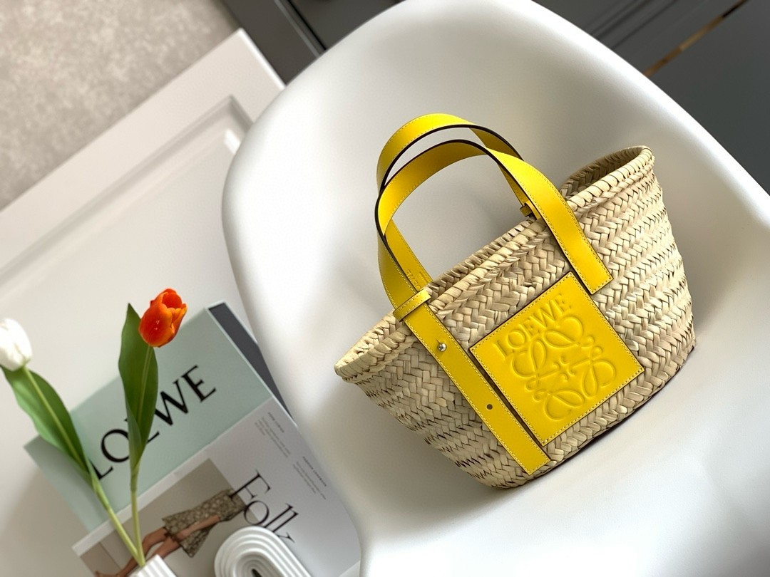 Loewe Small Basket Bag in Raffia and Yellow Calfskin