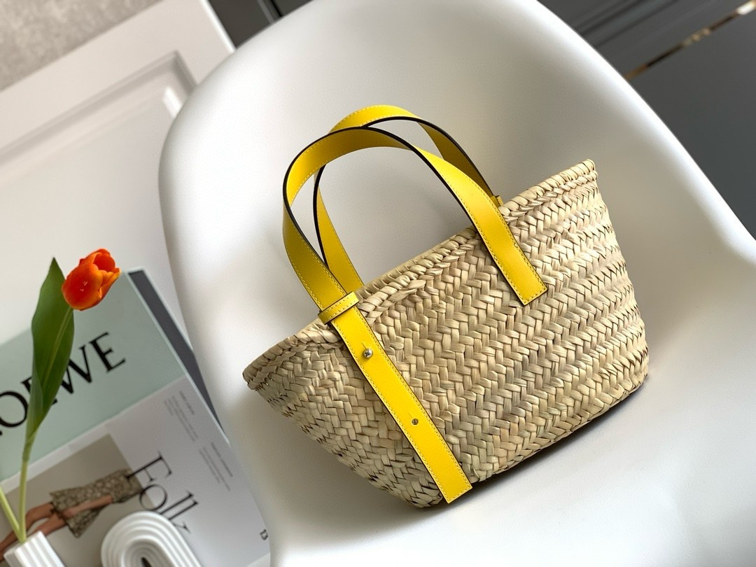 Loewe Small Basket Bag in Raffia and Yellow Calfskin