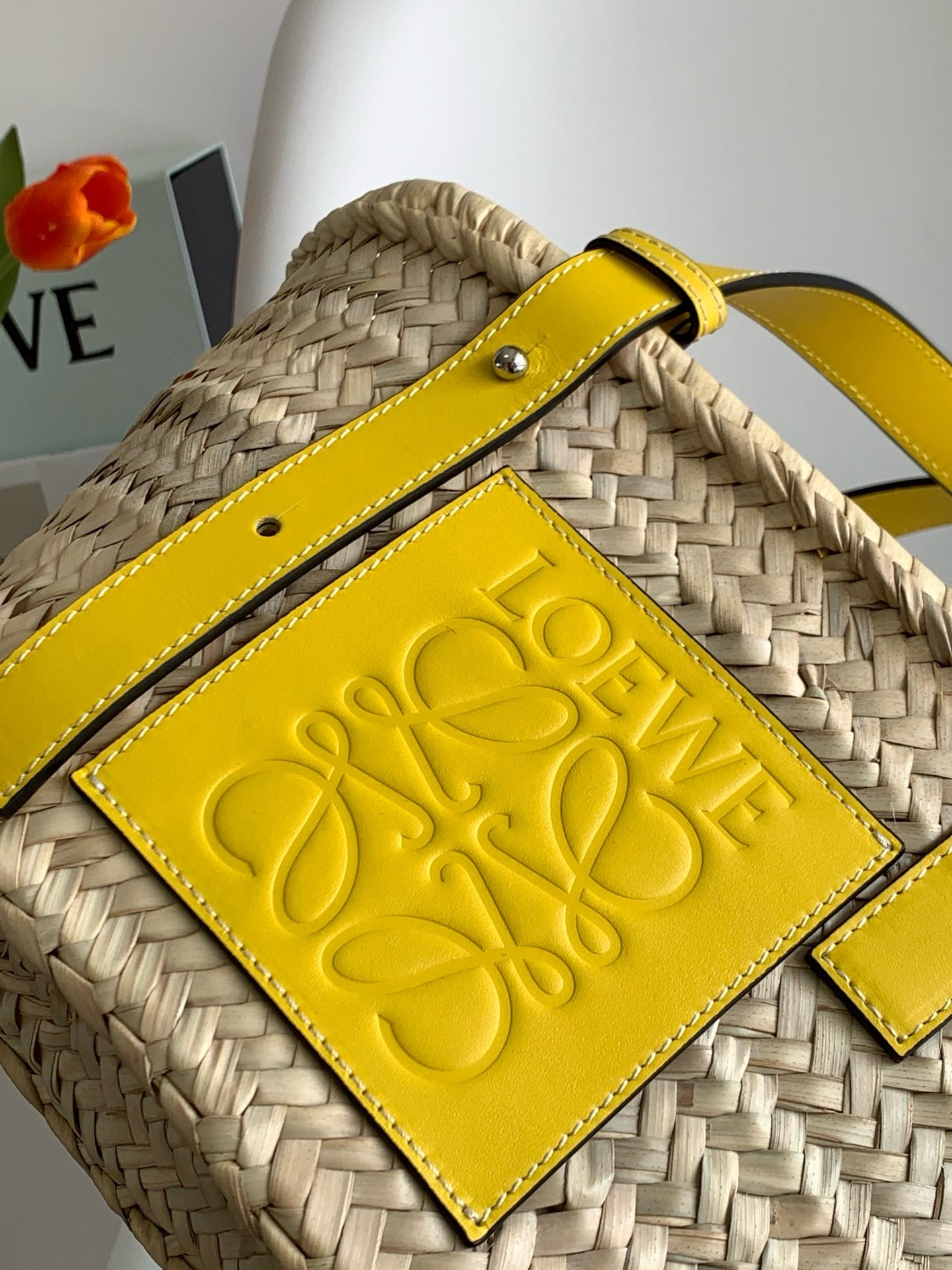 Loewe Small Basket Bag in Raffia and Yellow Calfskin