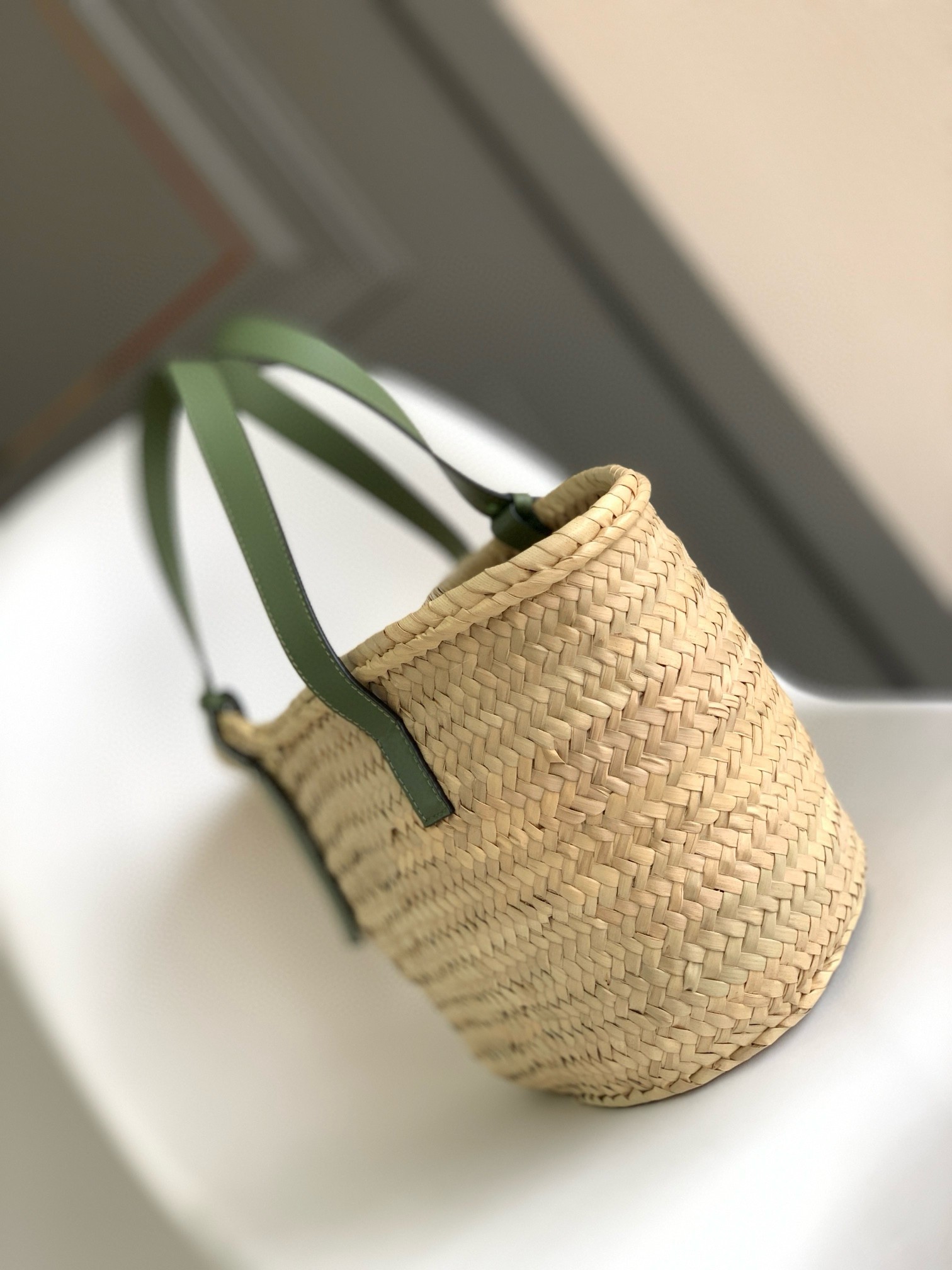 Loewe Medium Basket Bag in Raffia and Rosemary Calfskin