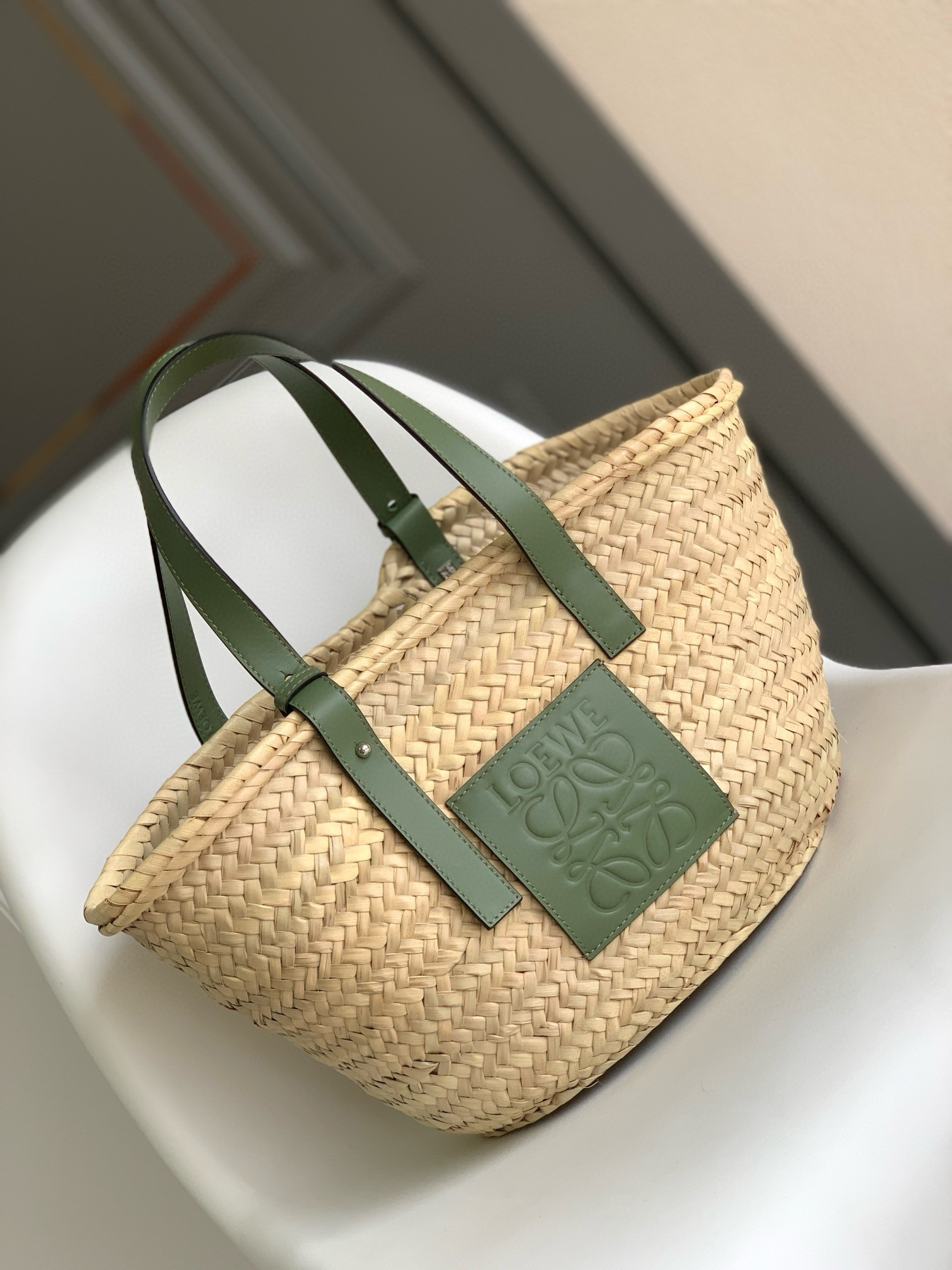 Loewe Medium Basket Bag in Raffia and Rosemary Calfskin