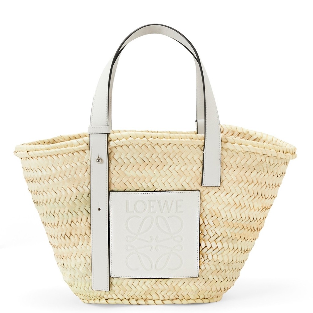 Loewe Medium Basket Bag in Raffia and White Calfskin