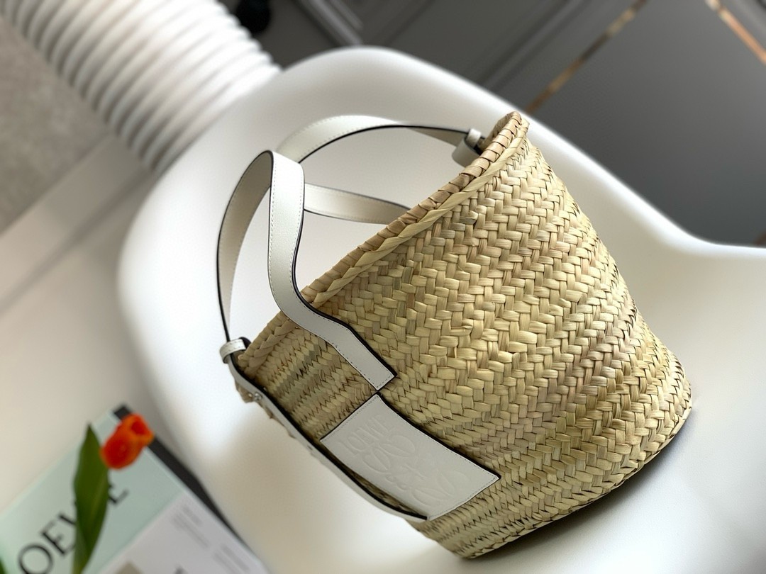 Loewe Medium Basket Bag in Raffia and White Calfskin