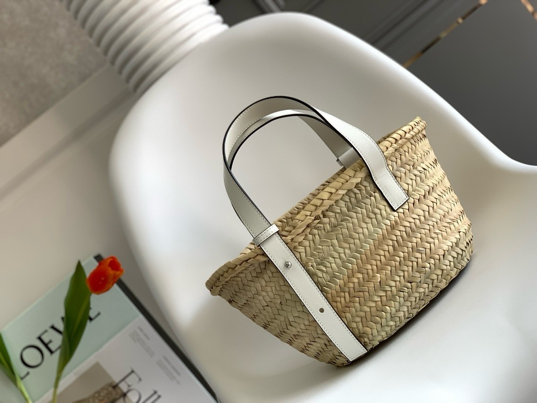 Loewe Small Basket Bag in Raffia and White Calfskin