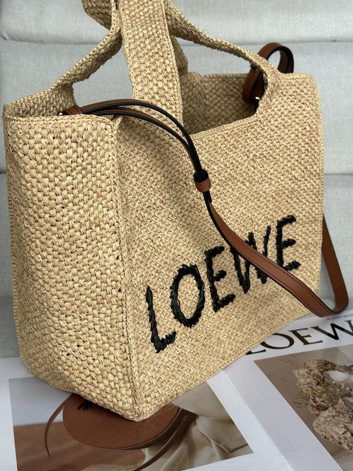 Loewe Small LOEWE Font Tote in Natural Raffia