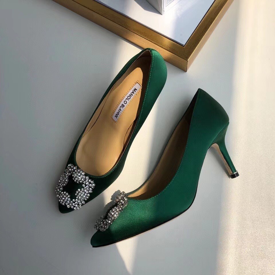 Manolo Blahnik Green Satin Hangisi 70mm Pumps