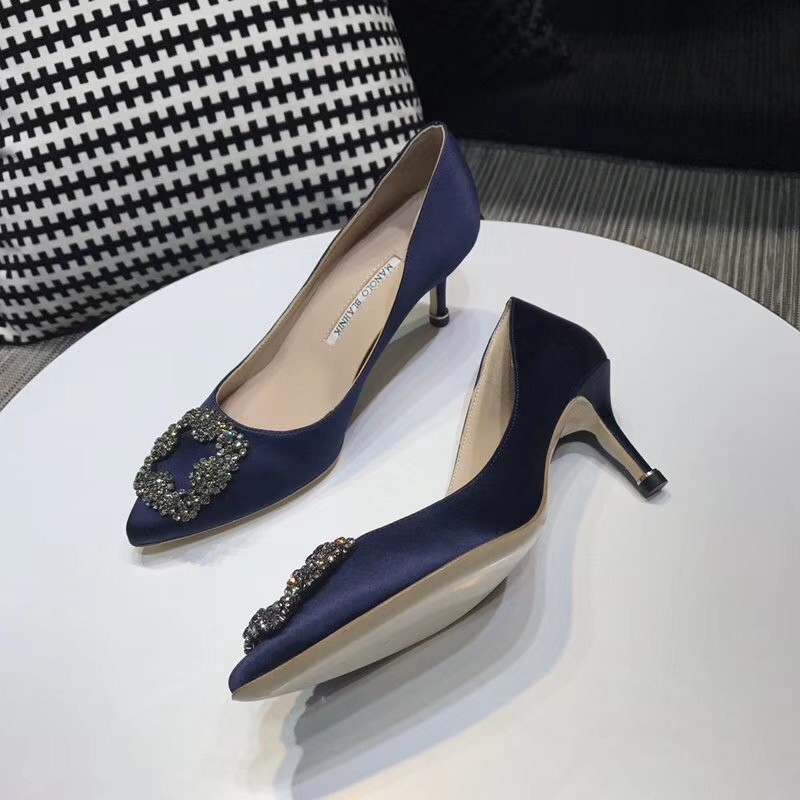 Manolo Blahnik Navy Blue Satin Hangisi 70mm Pumps