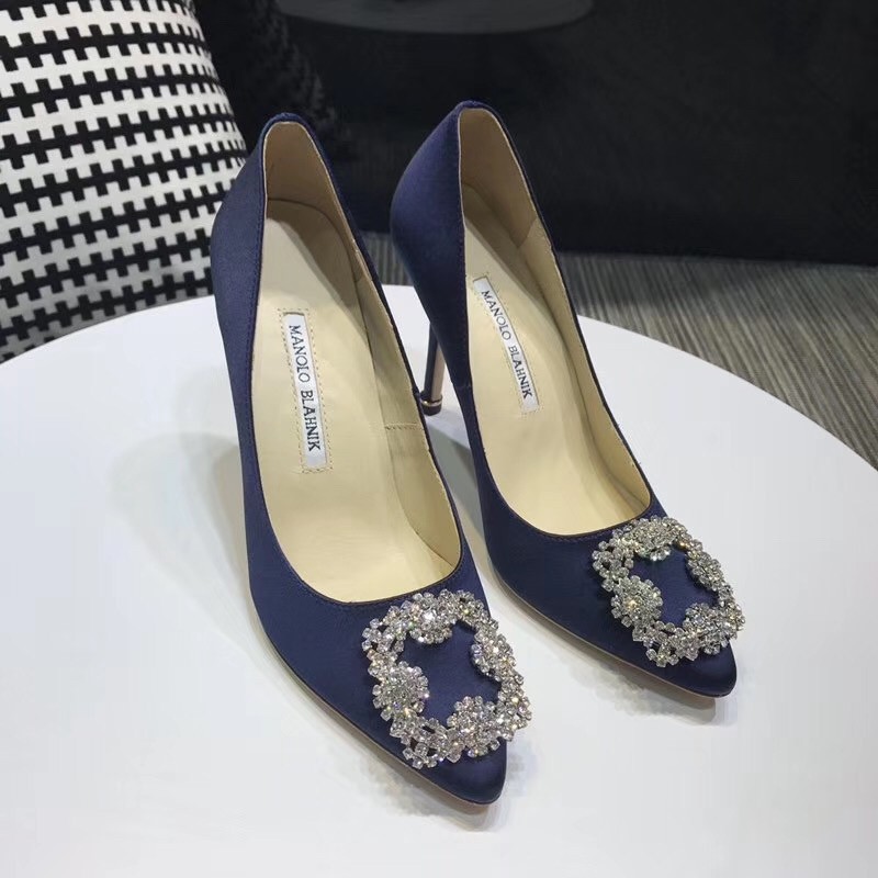 Manolo Blahnik Navy Blue Satin Hangisi 105mm Pumps