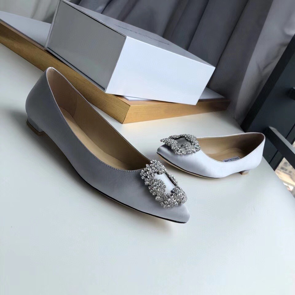 Manolo Blahnik Hangisi Flats In Grey Satin