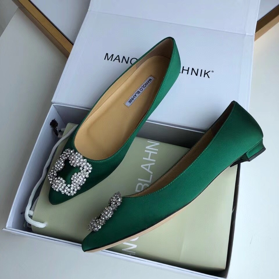 Manolo Blahnik Hangisi Flats In Green Satin