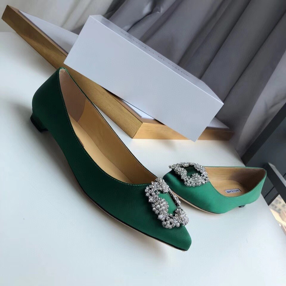 Manolo Blahnik Hangisi Flats In Green Satin